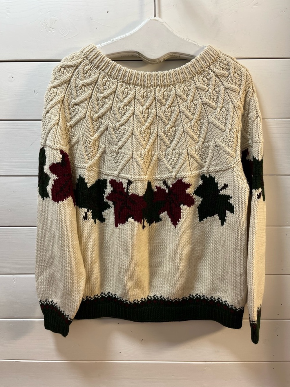 HANDMADE Cream Leaf Pattern Knit Sweater L/XL - Picture 7 of 12